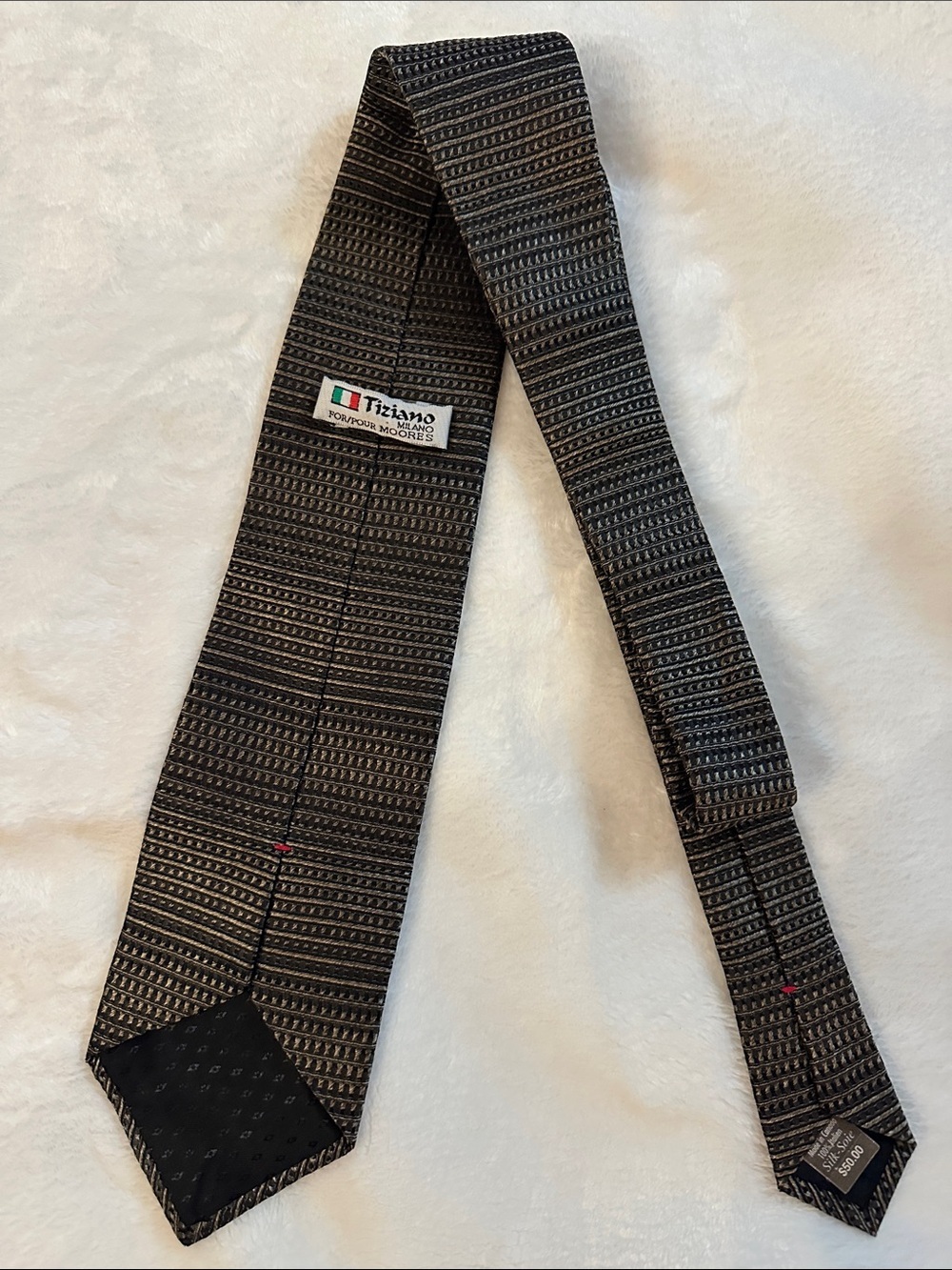 TIZIANO Black & Metallic Taupe Patterned Italian Silk Tie Luxury Quality Classic
